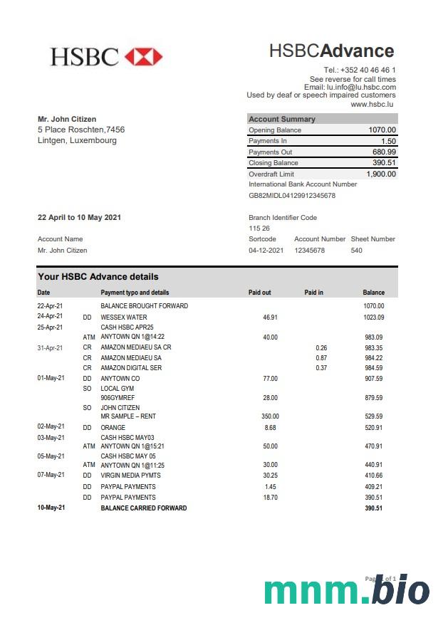 Luksemburski szablon wyciągu bankowego Fortuna Banque w programie Word i PDF